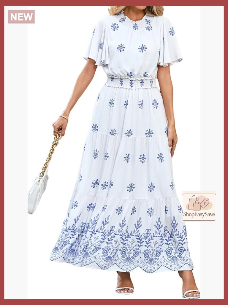 Floral Maxi Dress Boho Chic Smocked Waist Flowy Vacation Wedding Guest